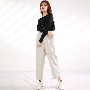 [EAM] Vysoký Pás Šedej Tlačidlo Steh Dlhé Nohavice pre Voľný čas Trakmi, Nové Loose Fit, Nohavice Ženy Móda Jar Jeseň 2021 1R58602