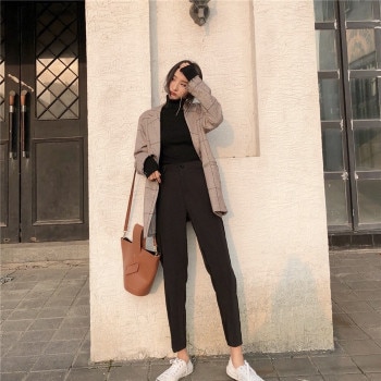 WHCW CGDSR zimné 2020 širokú nohu, nohavice jeseň bežné nohavice ženy kórejský štýl žena nohavice Rovno vysoký pás pevné Streetwear